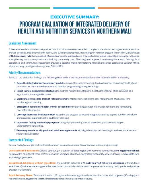 Integrated Delivery of Health and Nutrition Services in Northern Mali Program Evaluation – Executive Summary